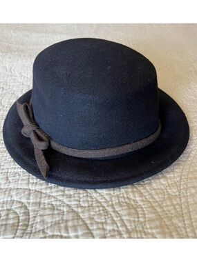 Black Wool Bowler Hat with Brown Band - Women’s Accessory